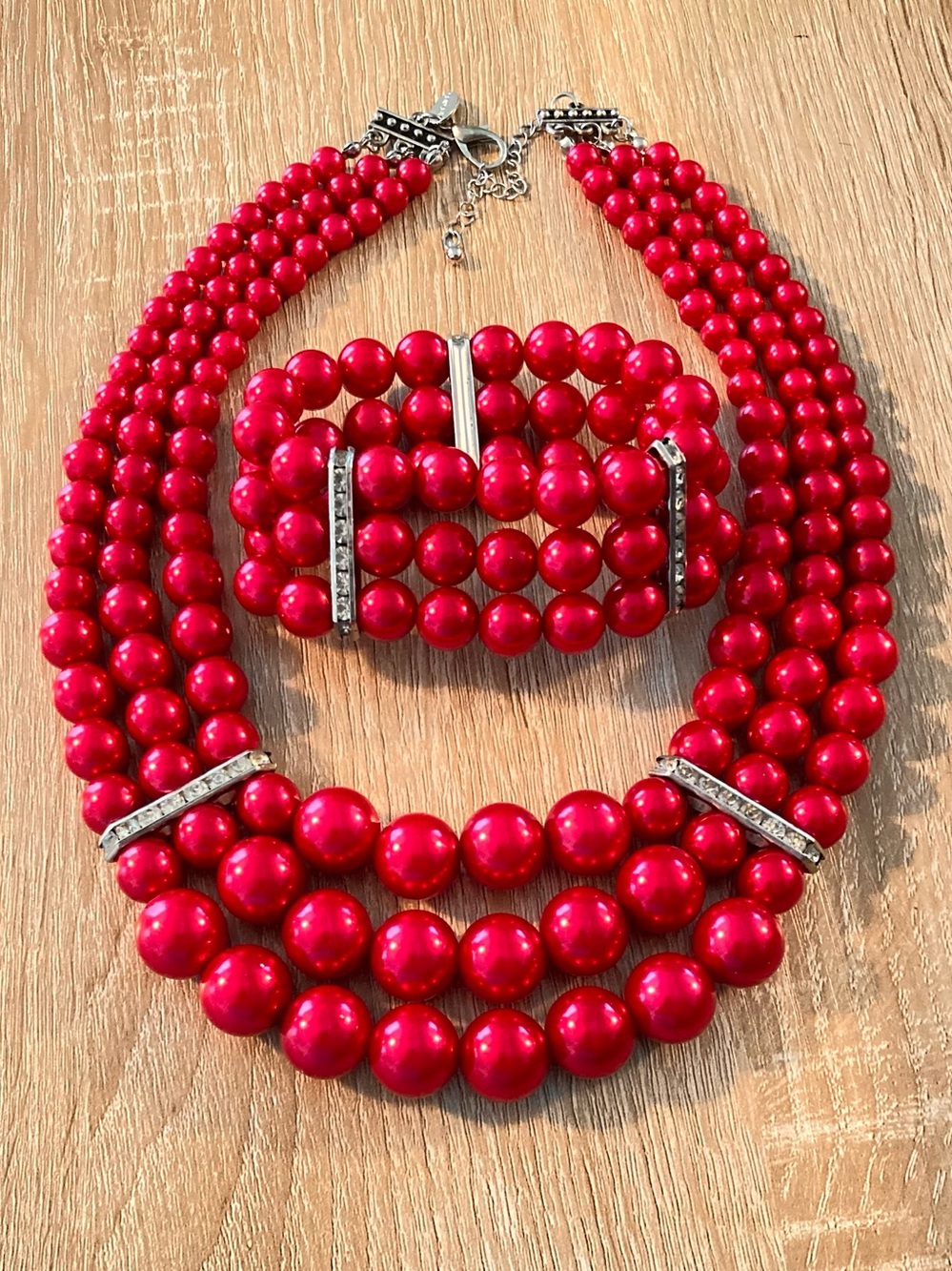 Red Faux Pearl 3 Strand Necklace & Stretch Bracelet Set Clear Rhinestone Trim